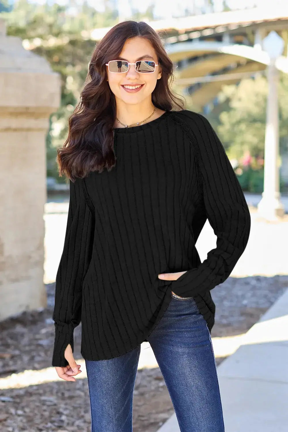 Basic Bae Full Size Ribbed Round Neck Long Sleeve Knit Top - Love Salve